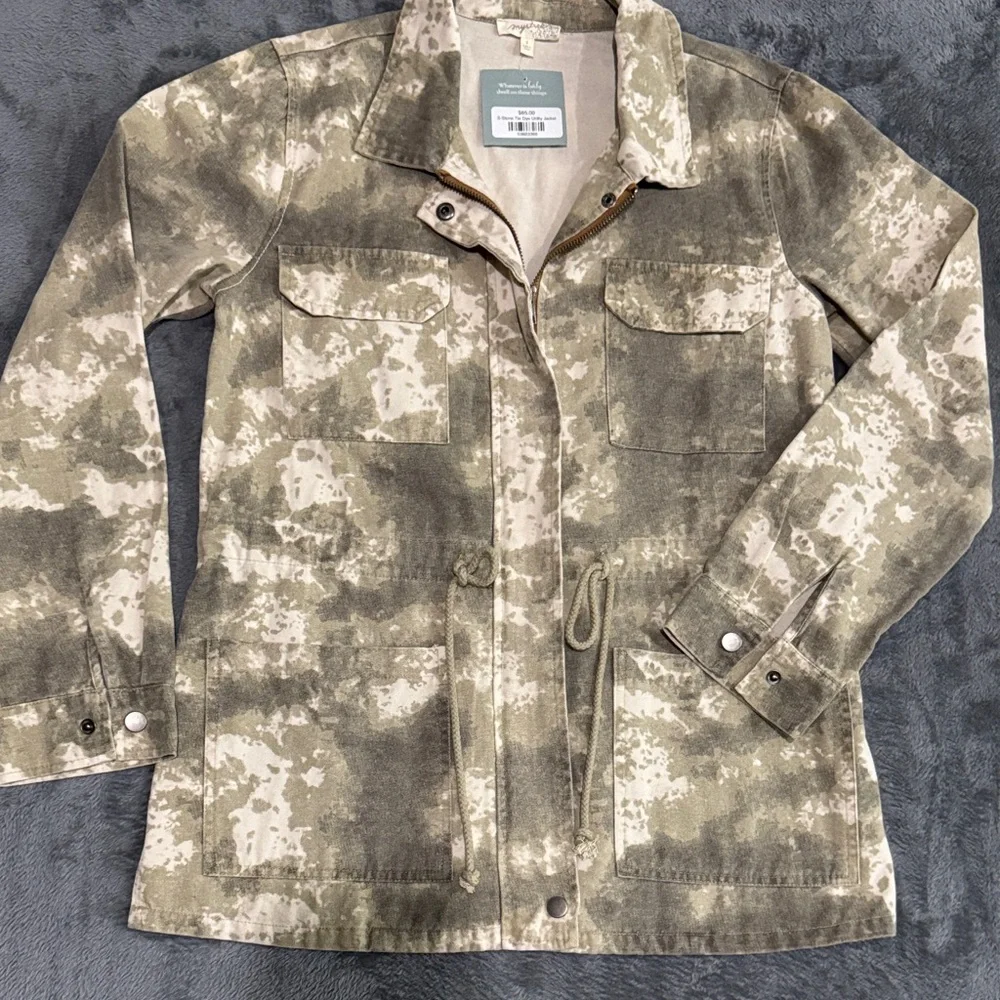 Mystree Olive Cream S-Stone Dye Utility Jacket 100%. Cotton Women's Sz Sm NWT